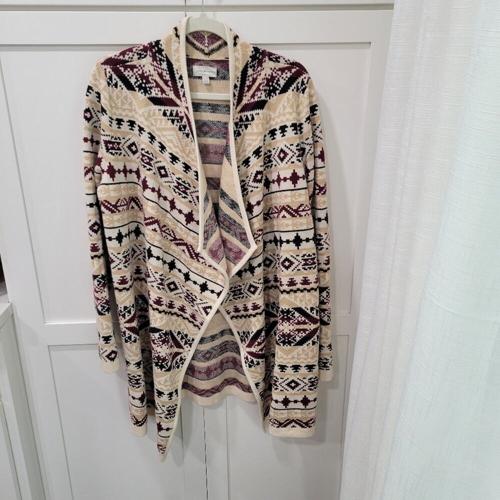 Lucky Brand Jacquard Cardigan Open Front Longline Aztec Southwest Size XL - Picture 2 of 9